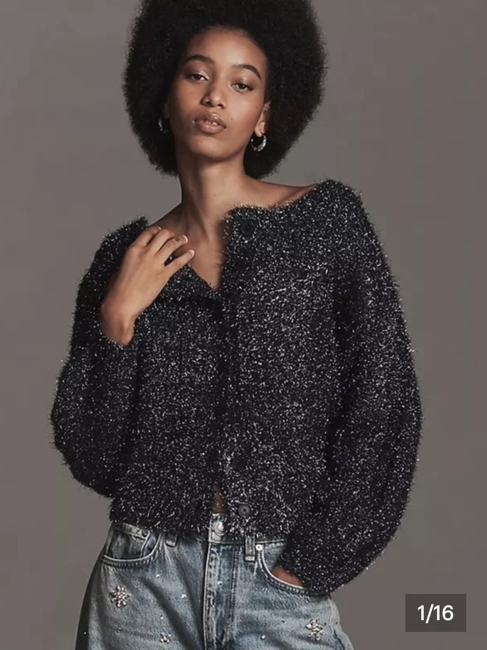 Anthropologie Boat Neck Tinsel Cardigan Sweater Navy Blue Holiday Party New